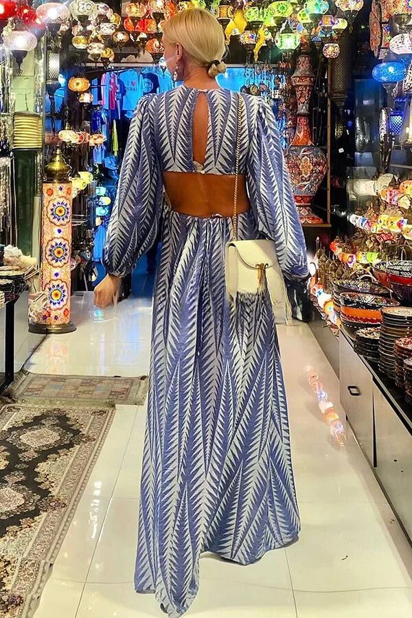 Daniela® | Backless maxi dress with geometric print, cutout elastic waistband