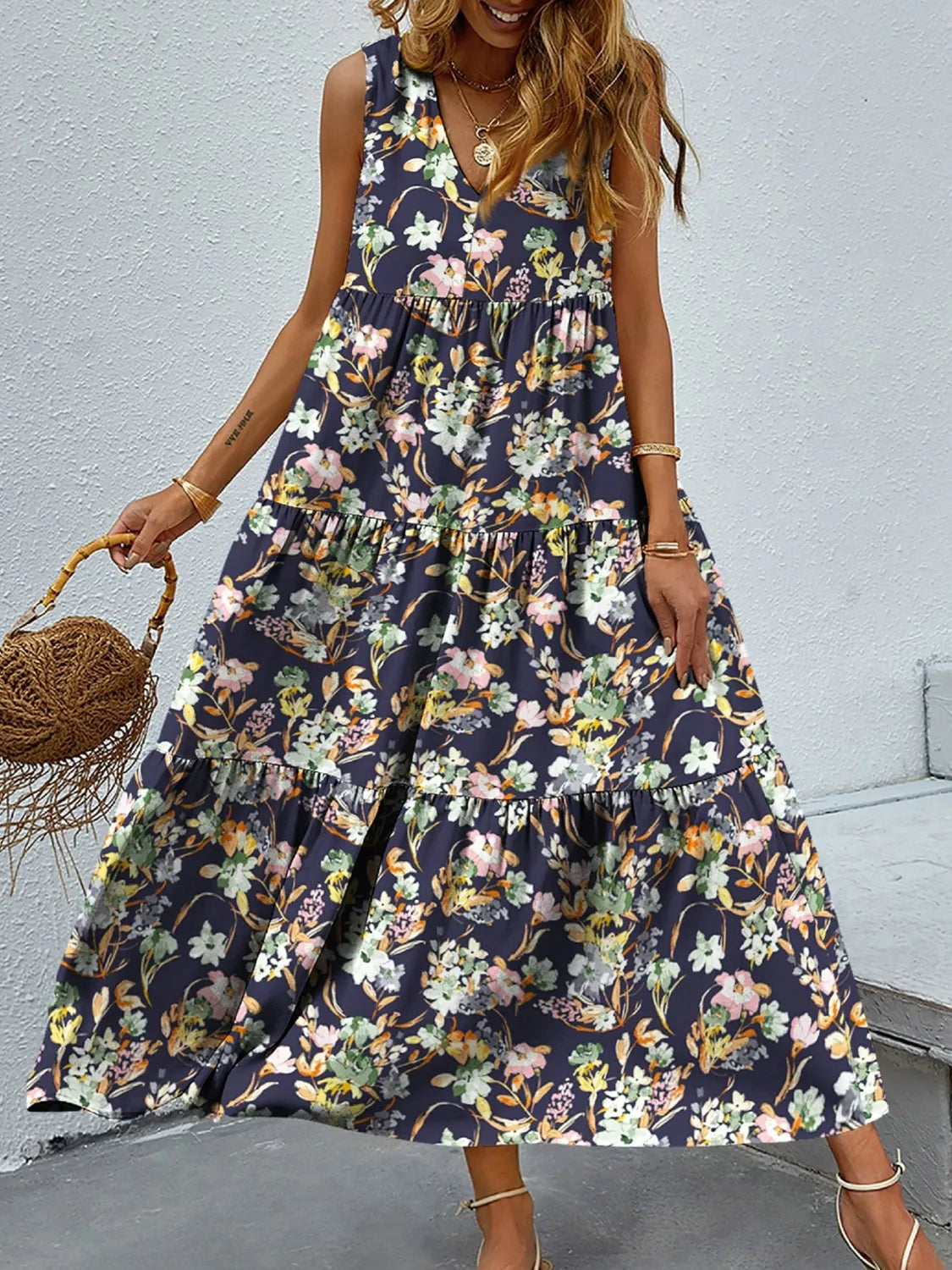 Catherine® | Elegant Sleeveless Floral V-Neck Maxi Dress