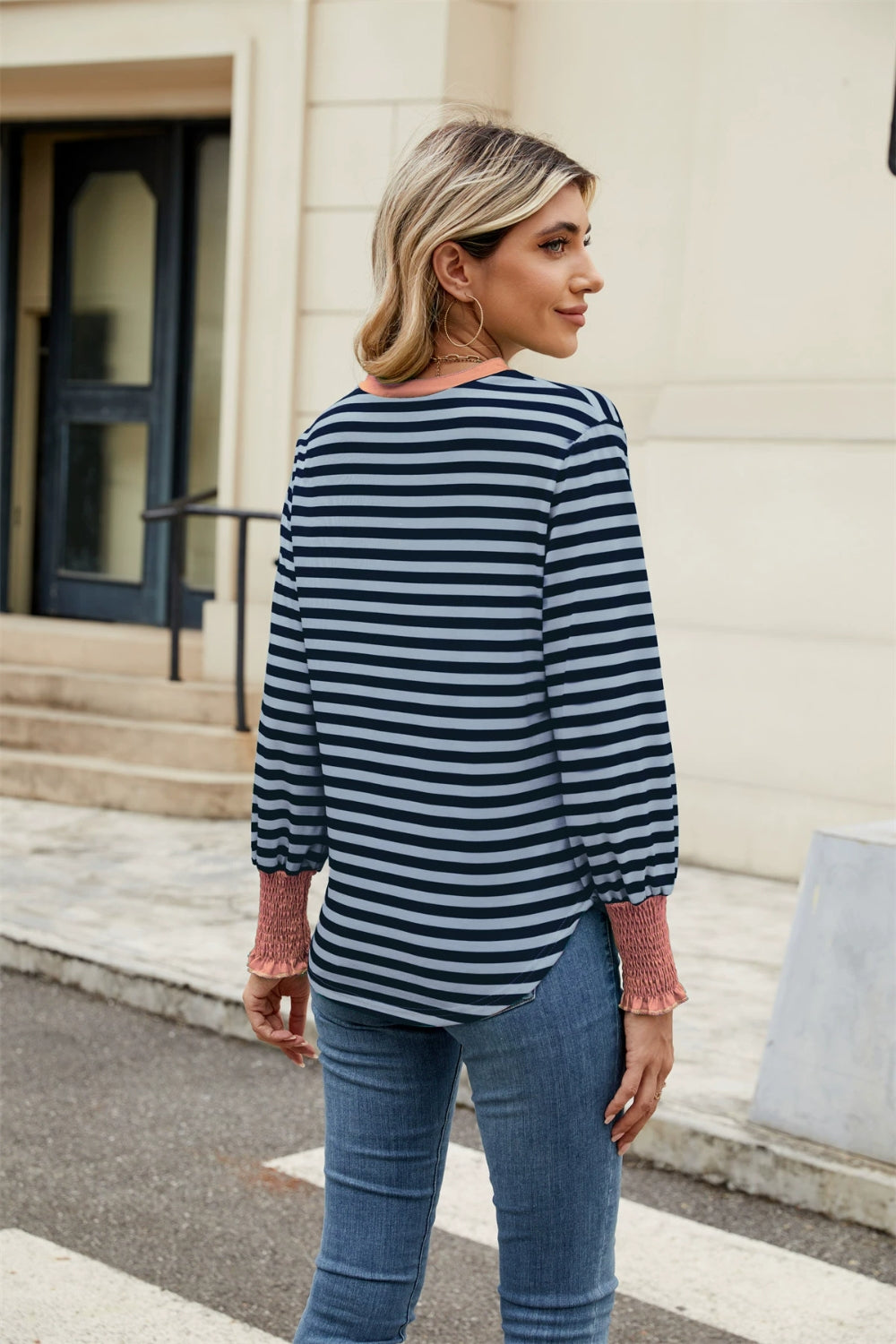Elena® | Contrast striped long sleeve top with notches