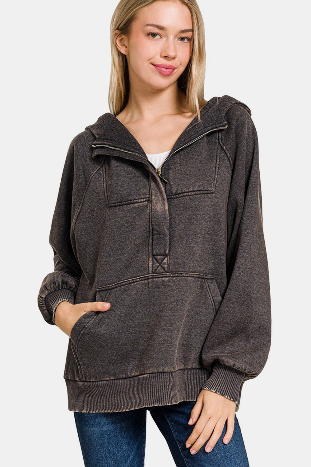Carmen® | Zenana Acid Wash Fleece Kangaroo Hoodie
