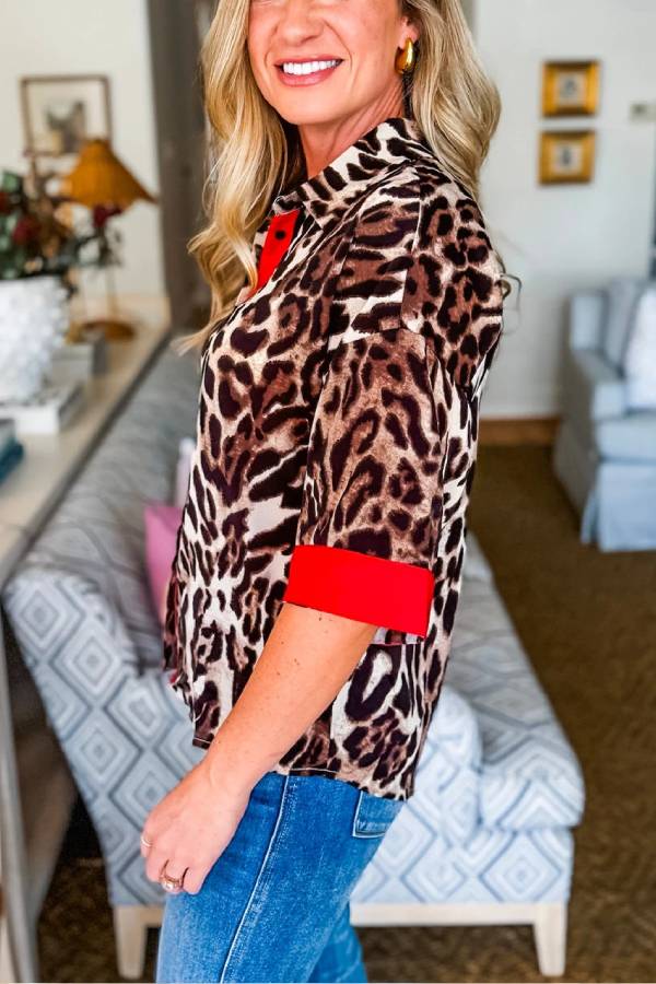 Athena® | Dark brown leopard print patchwork shirt