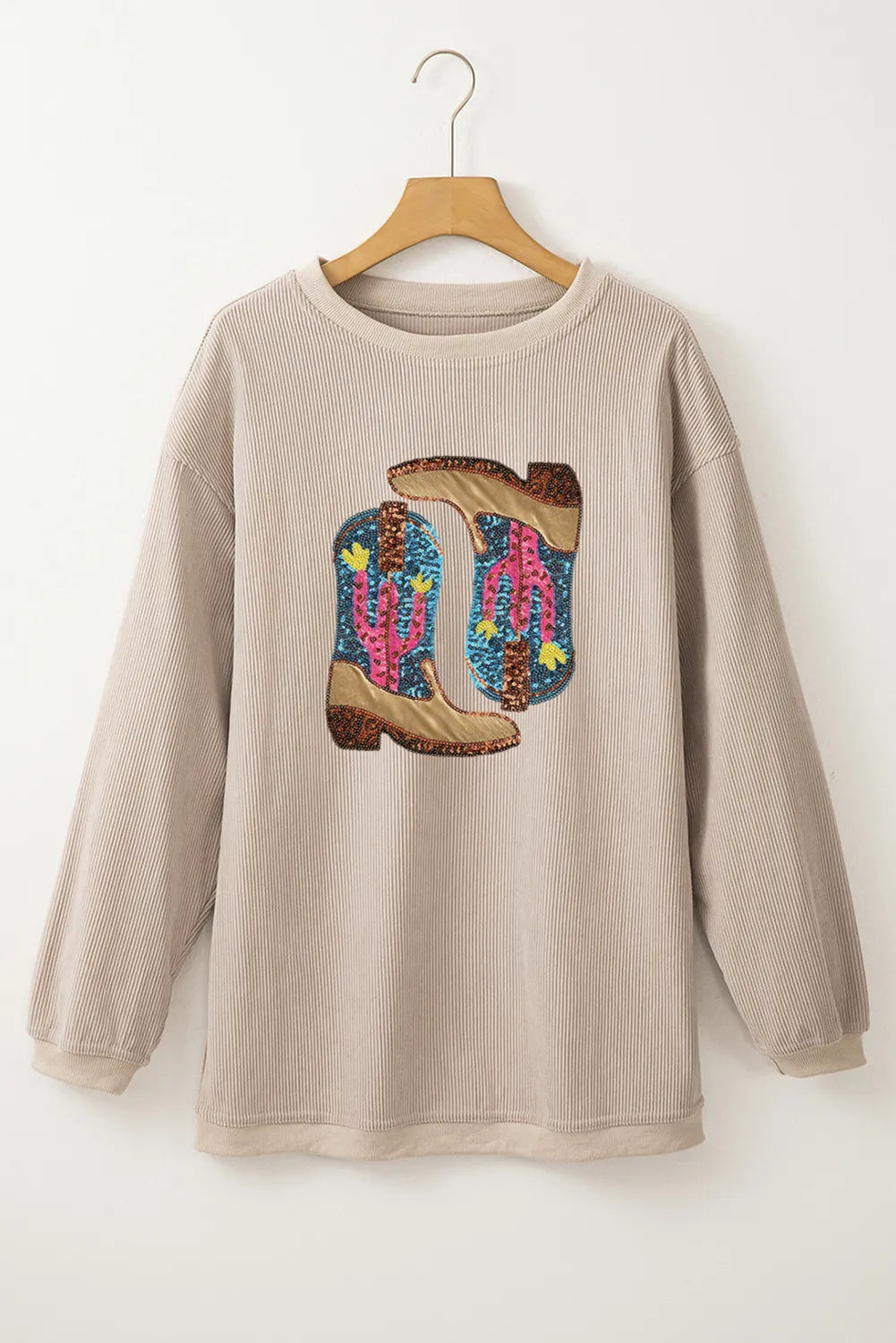 Bettina® | Full size sequin boots long sleeve crew neck sweatshirt