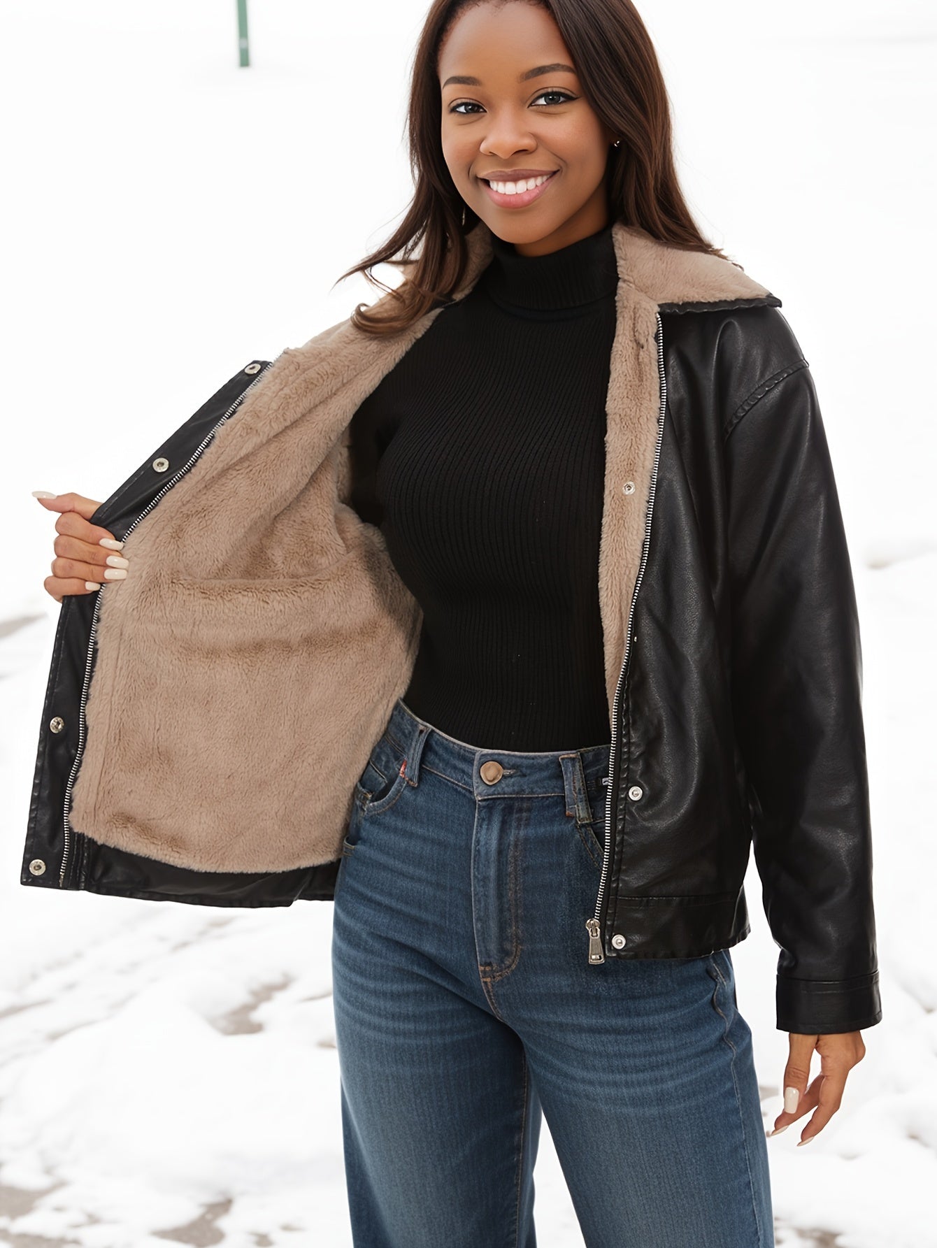 Denise® | Fleece lined PU leather jacket