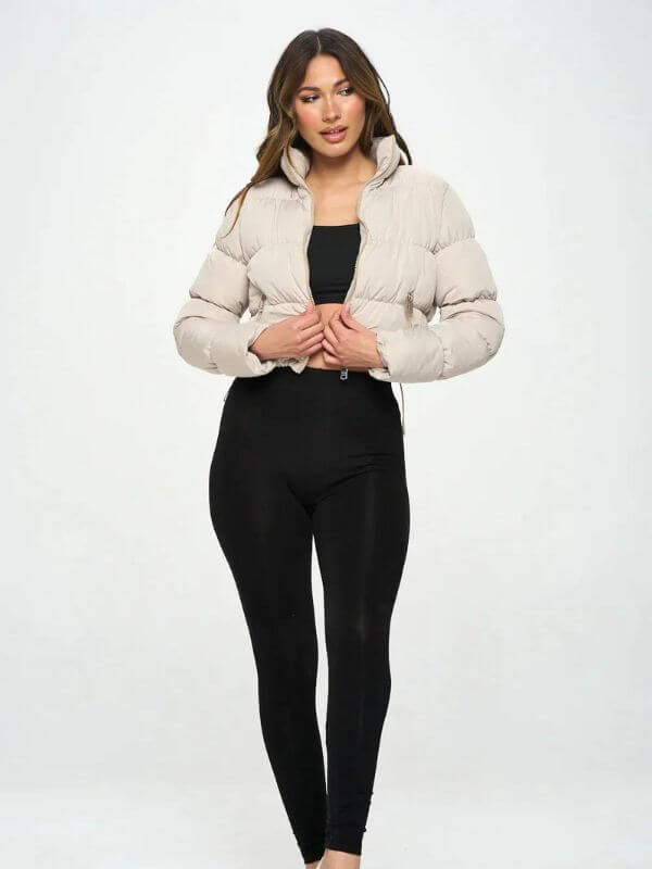Women’s Puffer Jacket – Cropped Fit – Glossy Quilted Finish – Padded High Collar
