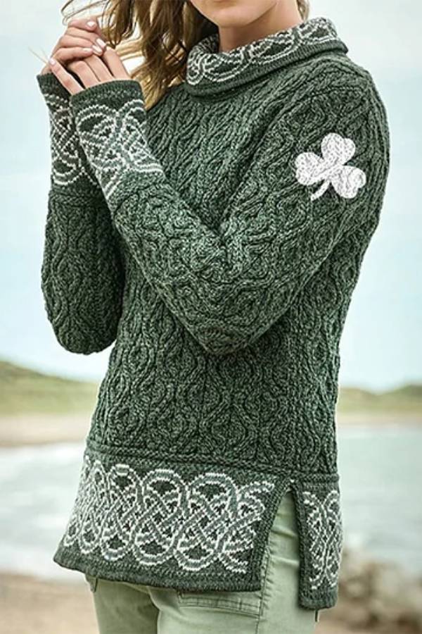 Alicia® | Women's Celtic knotted shamrock turtleneck sweater with creative jacquard