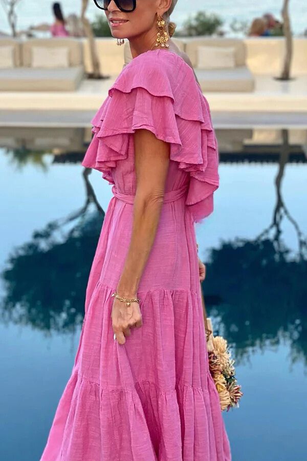 Danna® | Cotton blend maxi dress with ruffles and one-shoulder belt