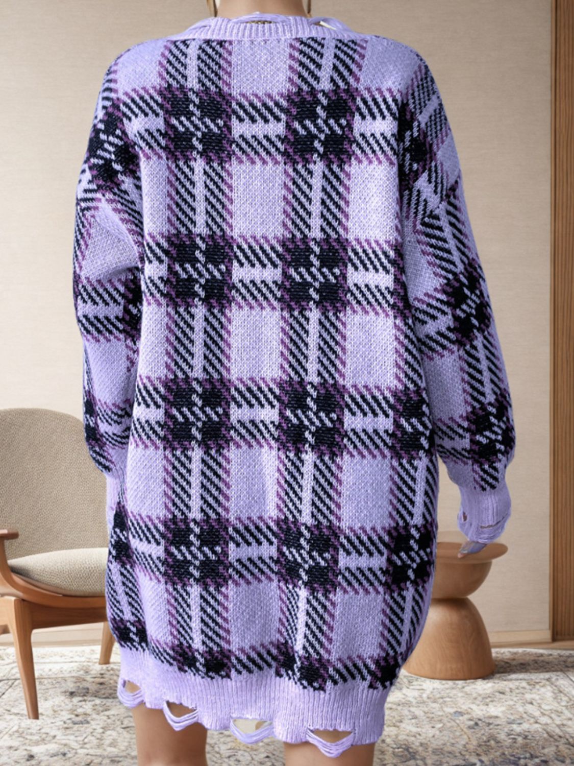 Annelie® | Long sleeve sweater dress with a distressed checked V-neck