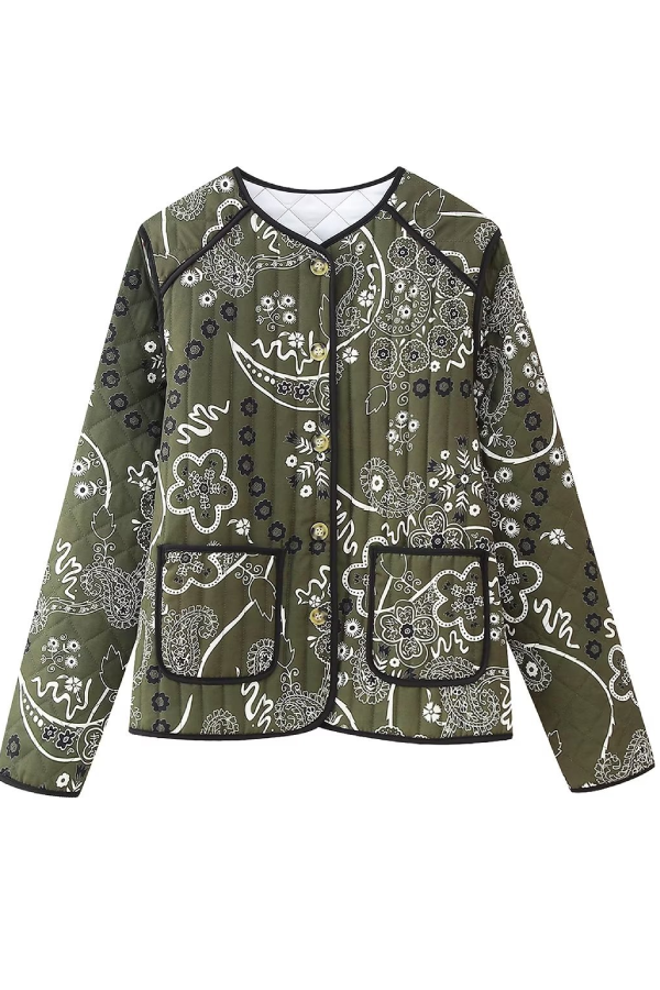 Elizabeth® | Retro Print Pockets Loose Round Neck Jacket