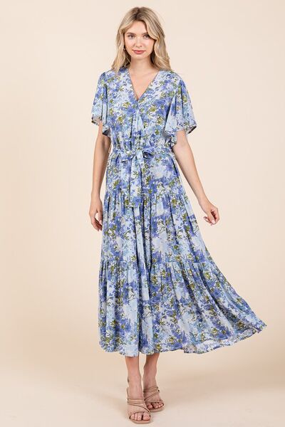 Dana® | Tiered floral dress with tie waist and flutter sleeves