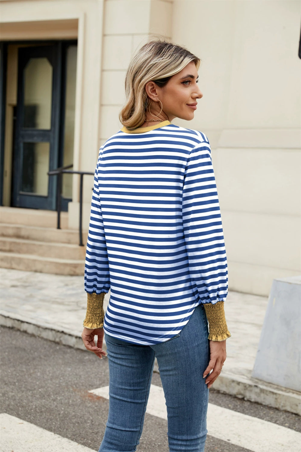 Elena® | Contrast striped long sleeve top with notches