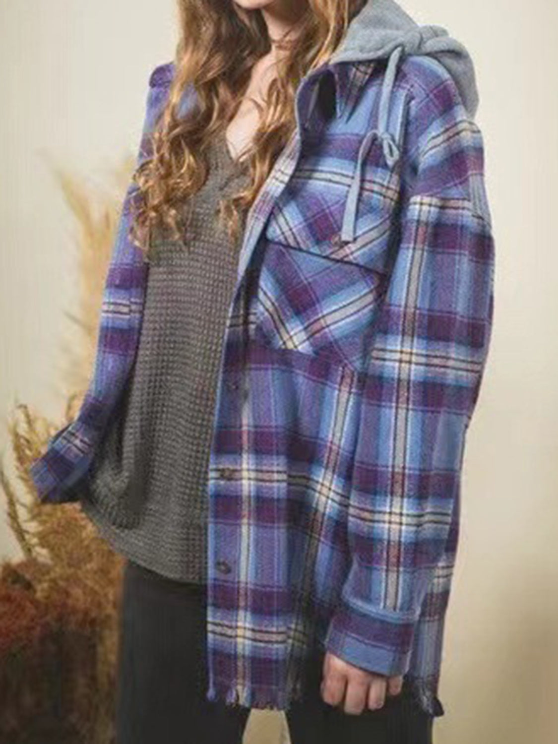 Carmen® | Checked long sleeve hooded jacket with raw hem