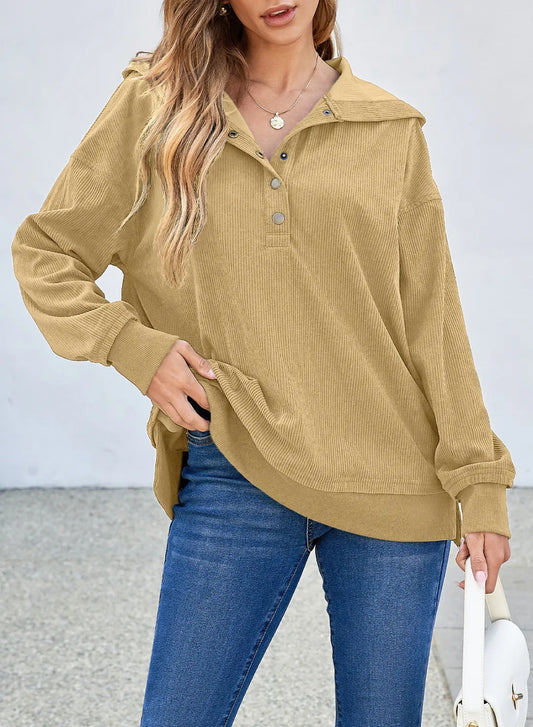 Elena® | Hoodie with a half-length snap fastening and low shoulders