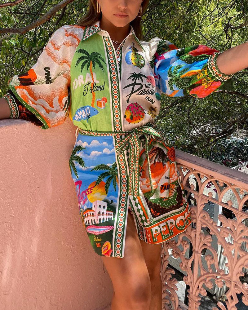 Beatriz® | Tropical print belted shirt dress