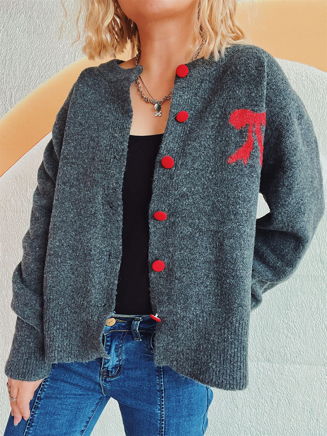 Beate® | Long-sleeved cardigan with bow and round neckline and buttons