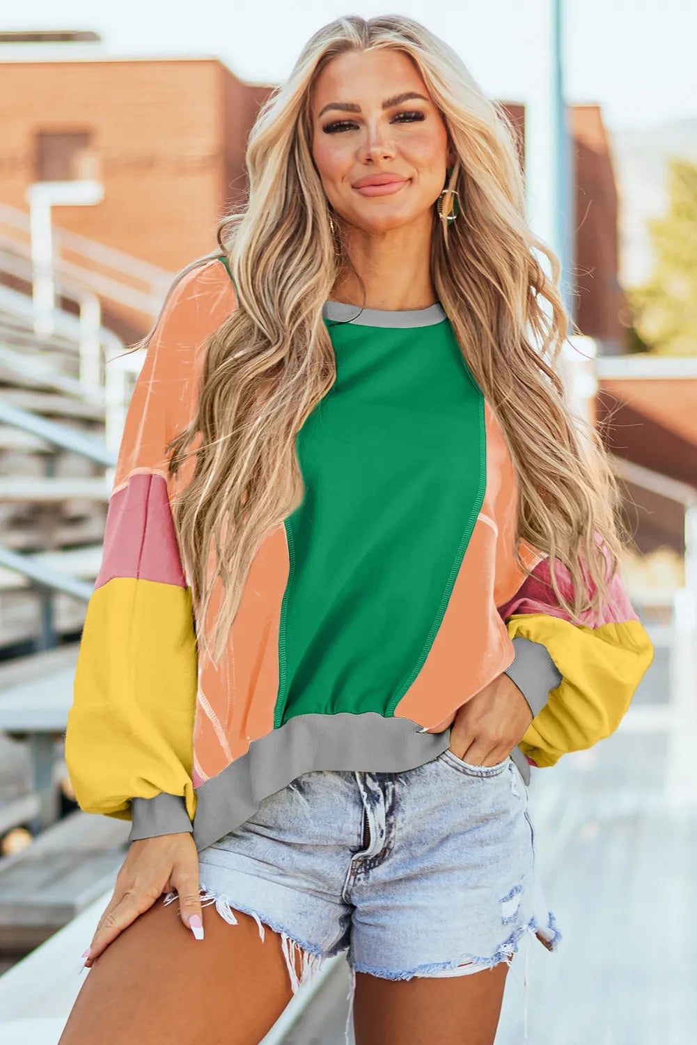 Claudette® | Color block long sleeve crew neck top