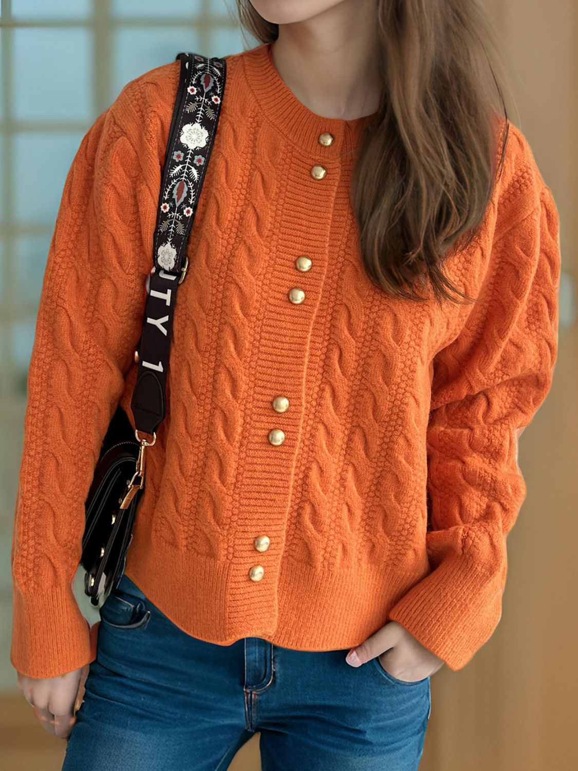 Cristina® | Cable knit cardigan with a crew neck and long sleeves