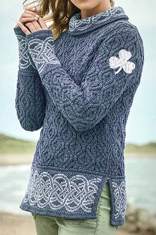 Alicia® | Women's Celtic knotted shamrock turtleneck sweater with creative jacquard