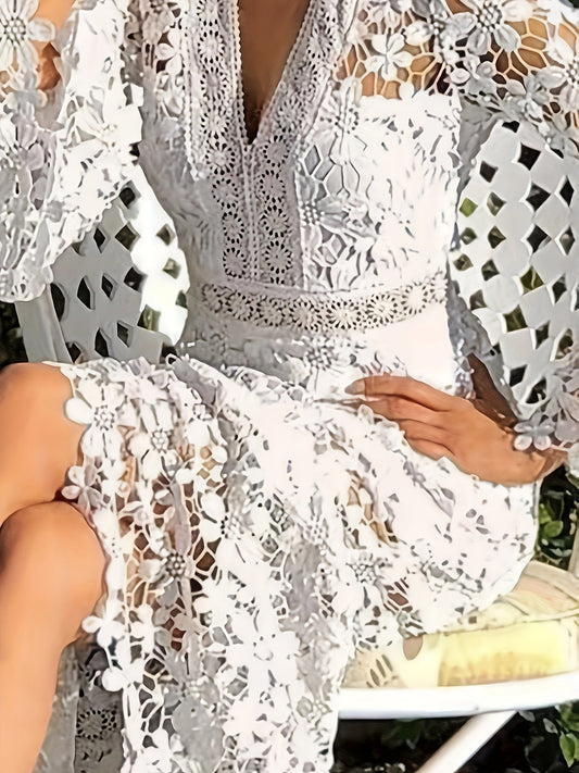 Alejandra® | Cotton Guipure Lace V-Neck Long Sleeves Aprons Cocktail Festive Dress For Women