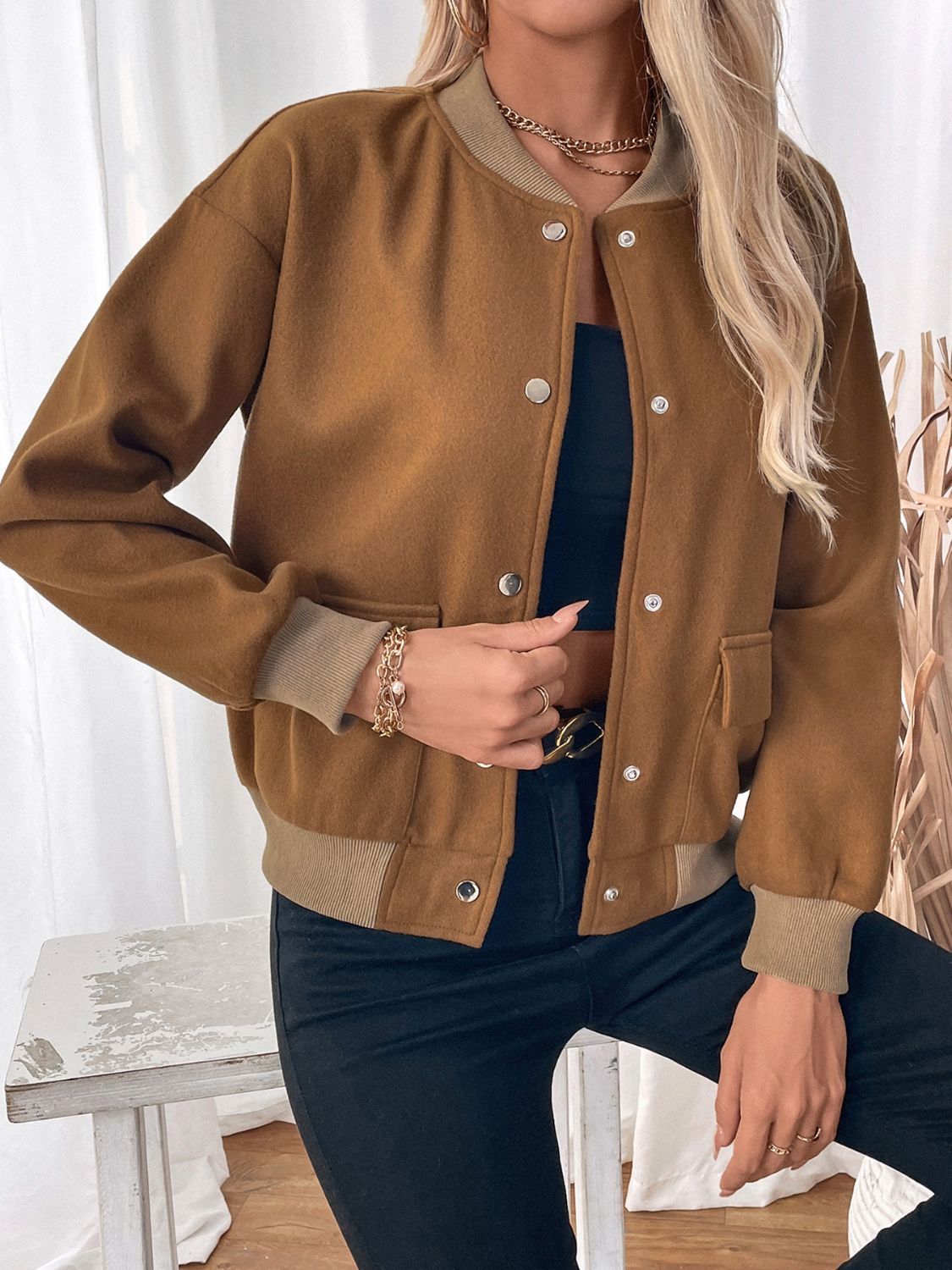Araceli® | Perfee Baseball Collar Snap Down Long Sleeve Jacket