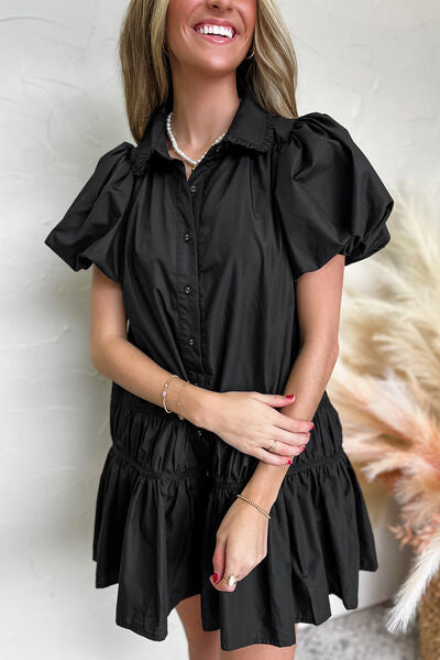 Autumn® | Dress with button placket, puff sleeves and ruffled hem