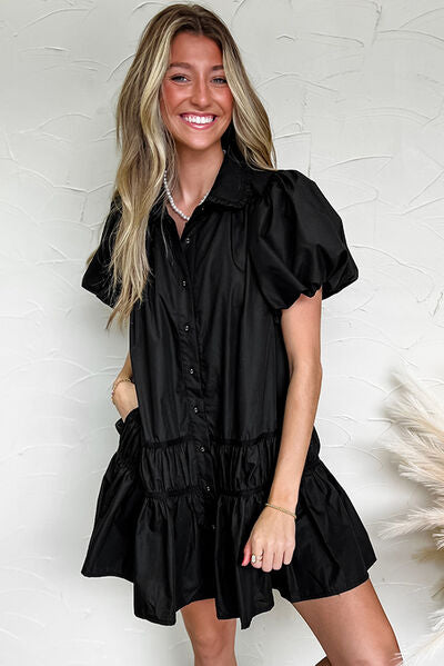 Autumn® | Dress with button placket, puff sleeves and ruffled hem