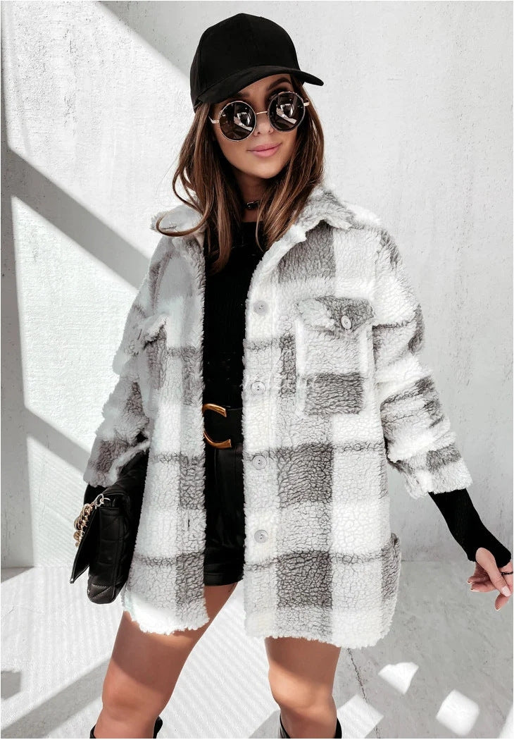 Charlotte® | Long-sleeved checked fur coat