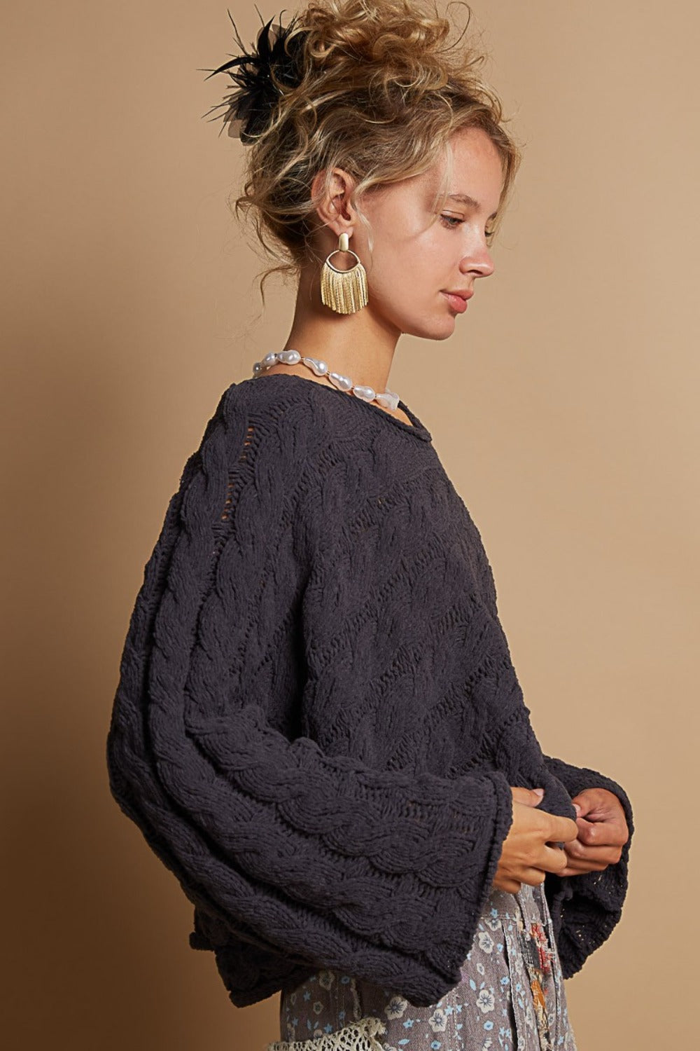 Damaris® | Short sweater with a crew neck and cable knit