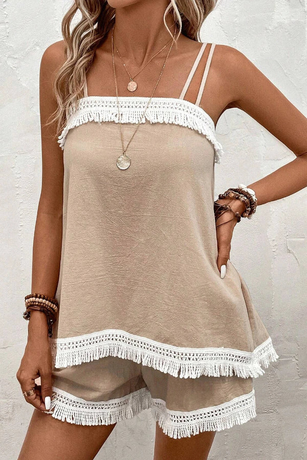 Diana® | Light khaki cami top and shorts set with fringe splices