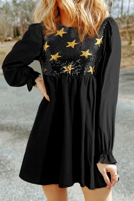 Ana® | Sequin star mini dress with a round neckline and flounced sleeves