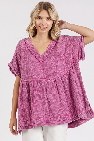 Cassia® | Oversized gauze babydoll blouse with V-neck