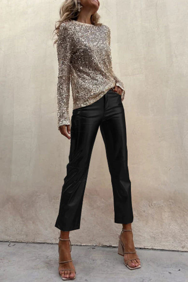 Alexandra® | Sinclair metallic faux leather straight trousers with high waist and pockets