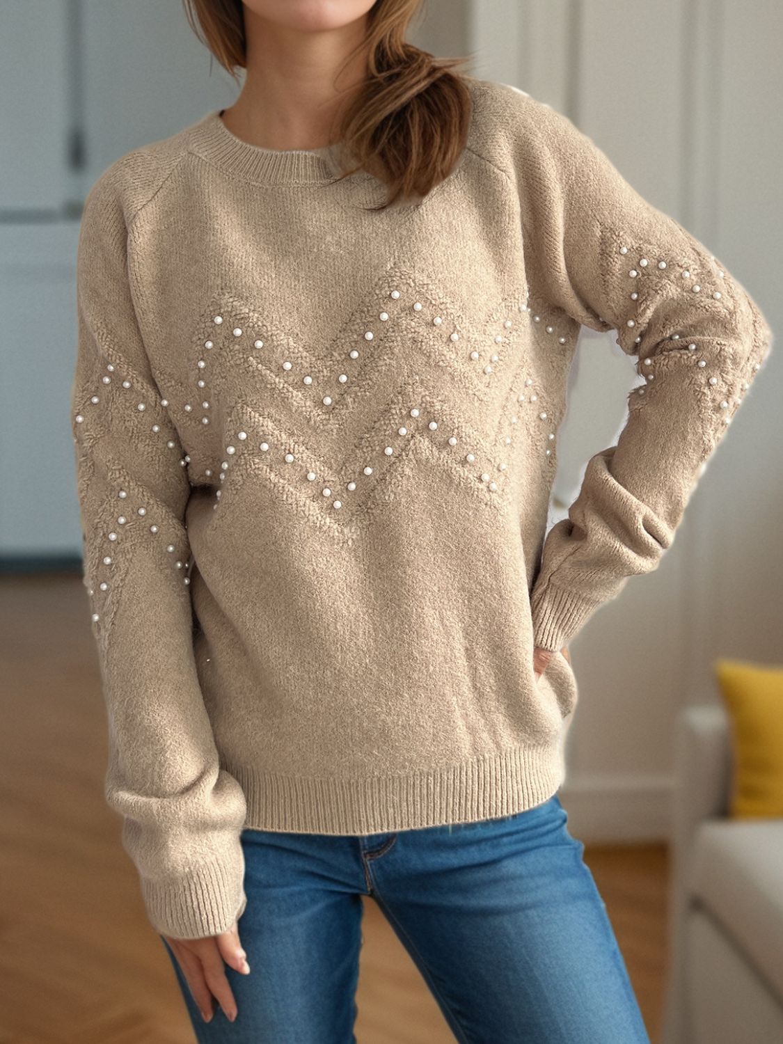 Concepcion® | Round neck sweater with raglan sleeves and pearl trim