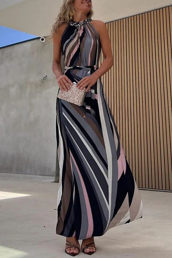 Clara® | Fluid elegance, colorful lines, printed halterneck maxi dress with belt