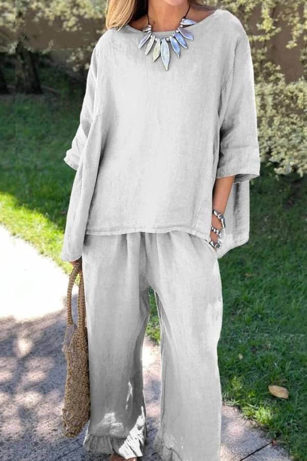 Claudia® | Casual solid color loose cotton linen top and pants two piece set