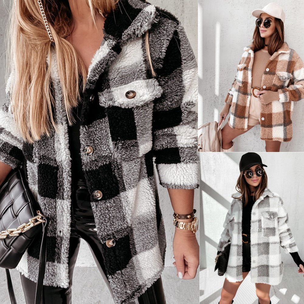 Charlotte® | Long-sleeved checked fur coat