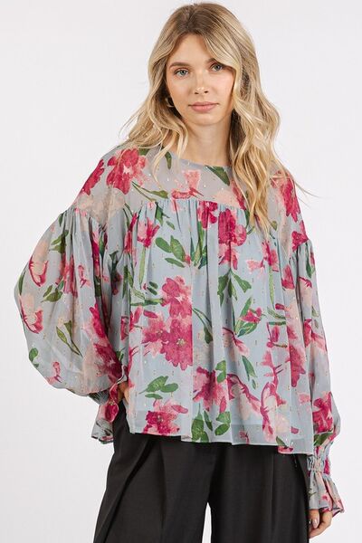 Cristina® | Floral blouse with flounced sleeves and a round neckline