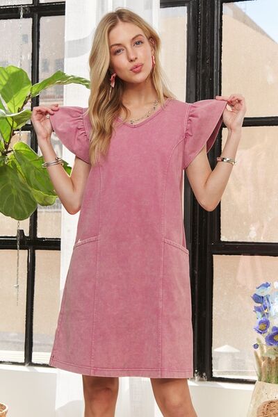 Antonia® | Mineral washed ruffled cap sleeve V-neck dress