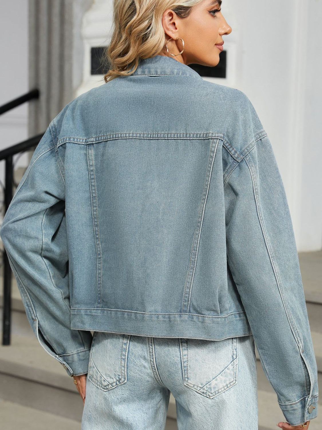 Eliana® | Long-sleeved denim jacket with button placket and rhinestone and pearl trim