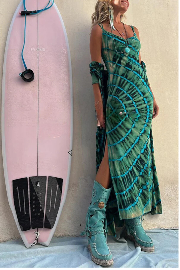 Alicia® | Boho fashion tie-dye print cowl neck stretch midi dress with slit