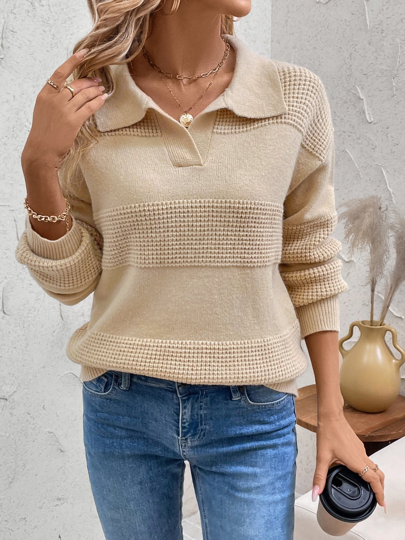 Clara® | Perfee Johnny collar sweater with dropped shoulder