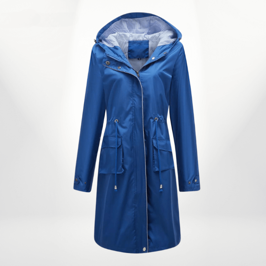 Women’s Trench Coat – Waterproof Over-Knee – Hooded – Adjustable Waist – Flap Pockets