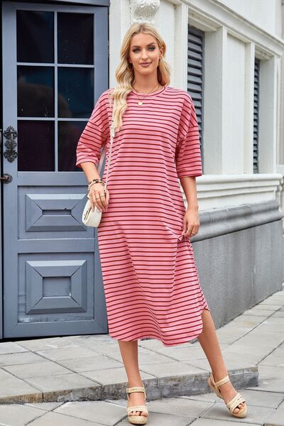 Cora® | Contrast striped midi t-shirt dress with half sleeves