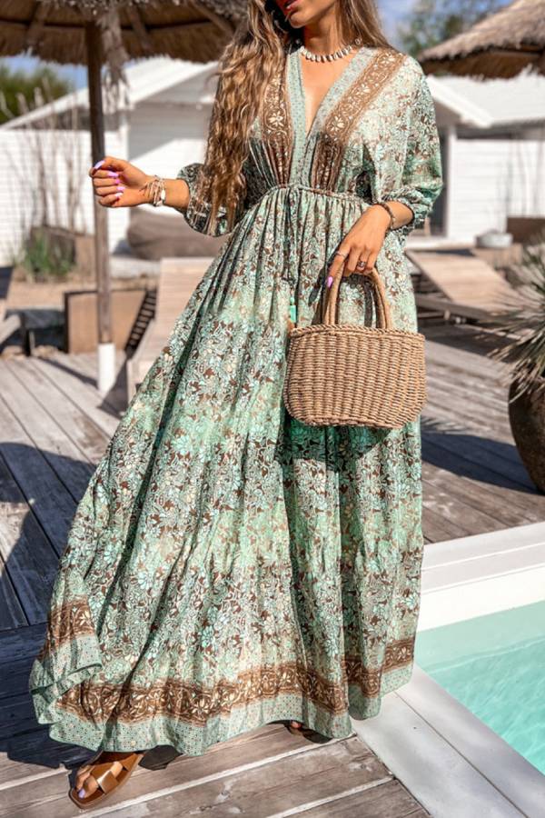 Ella® | Green boho floral print backless drawstring high waist maxi dress