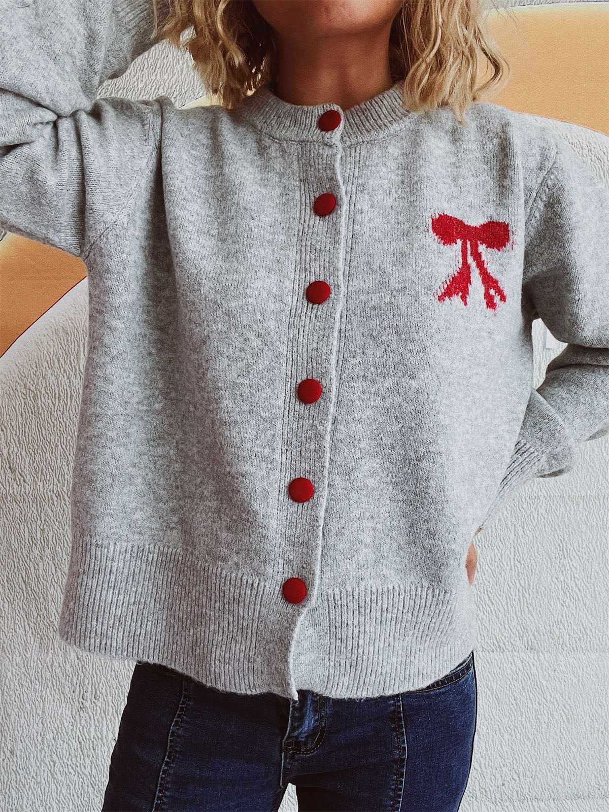 Beate® | Long-sleeved cardigan with bow and round neckline and buttons