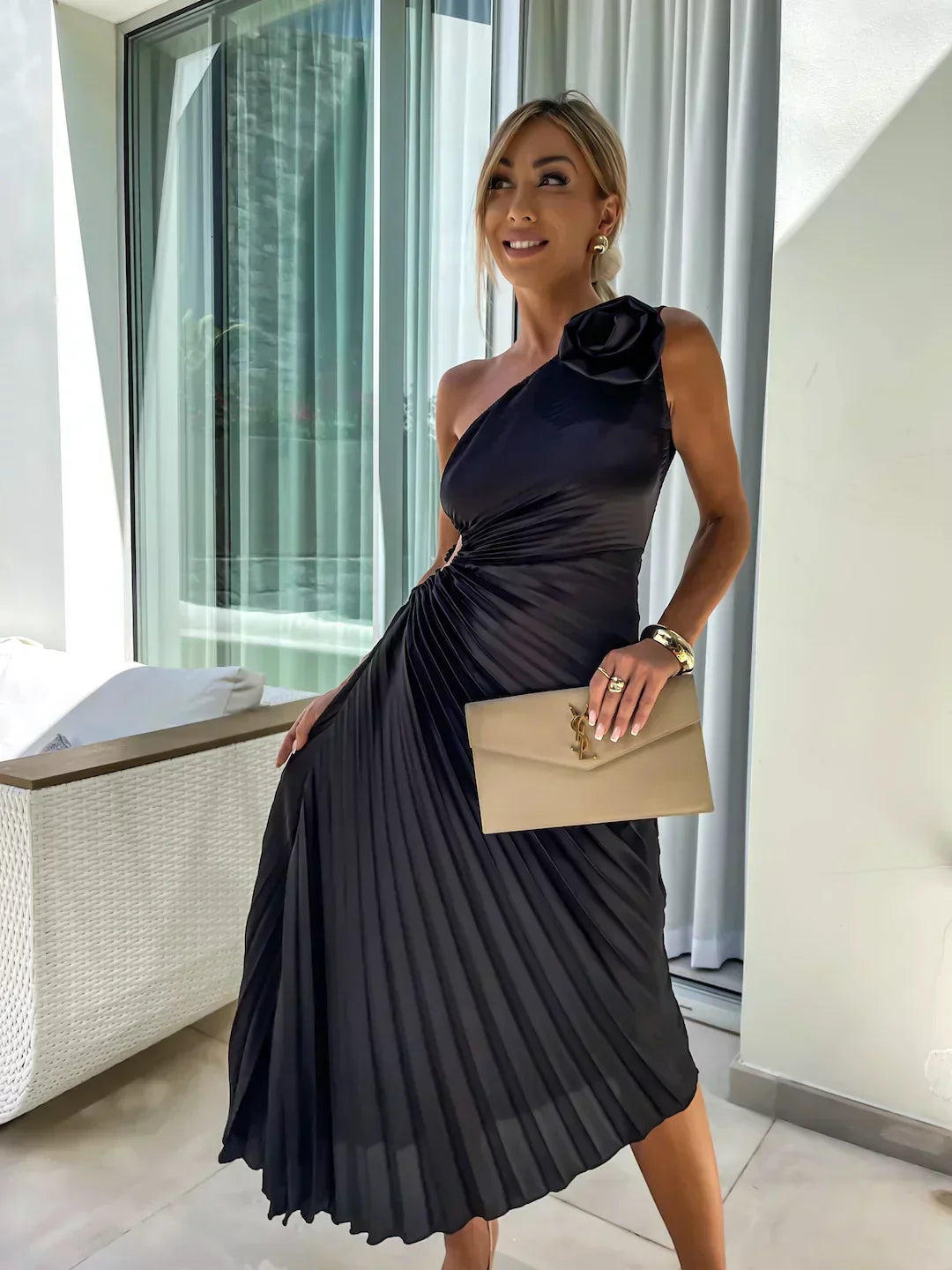 Mandy | Elegant Shoulder Pleated Dress