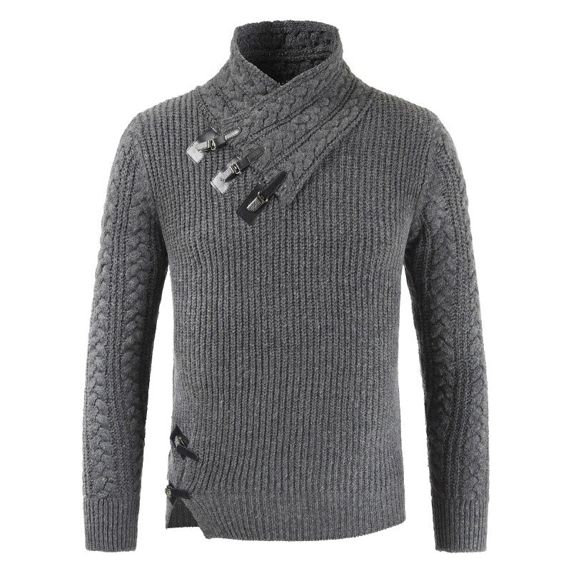 Men’s Pullover Sweater – Slim Fit – Wool Blend – Asymmetric Neckline – Buckle Detail