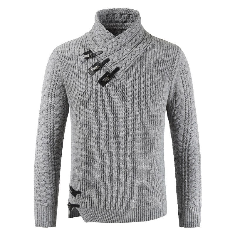 Men’s Pullover Sweater – Slim Fit – Wool Blend – Asymmetric Neckline – Buckle Detail
