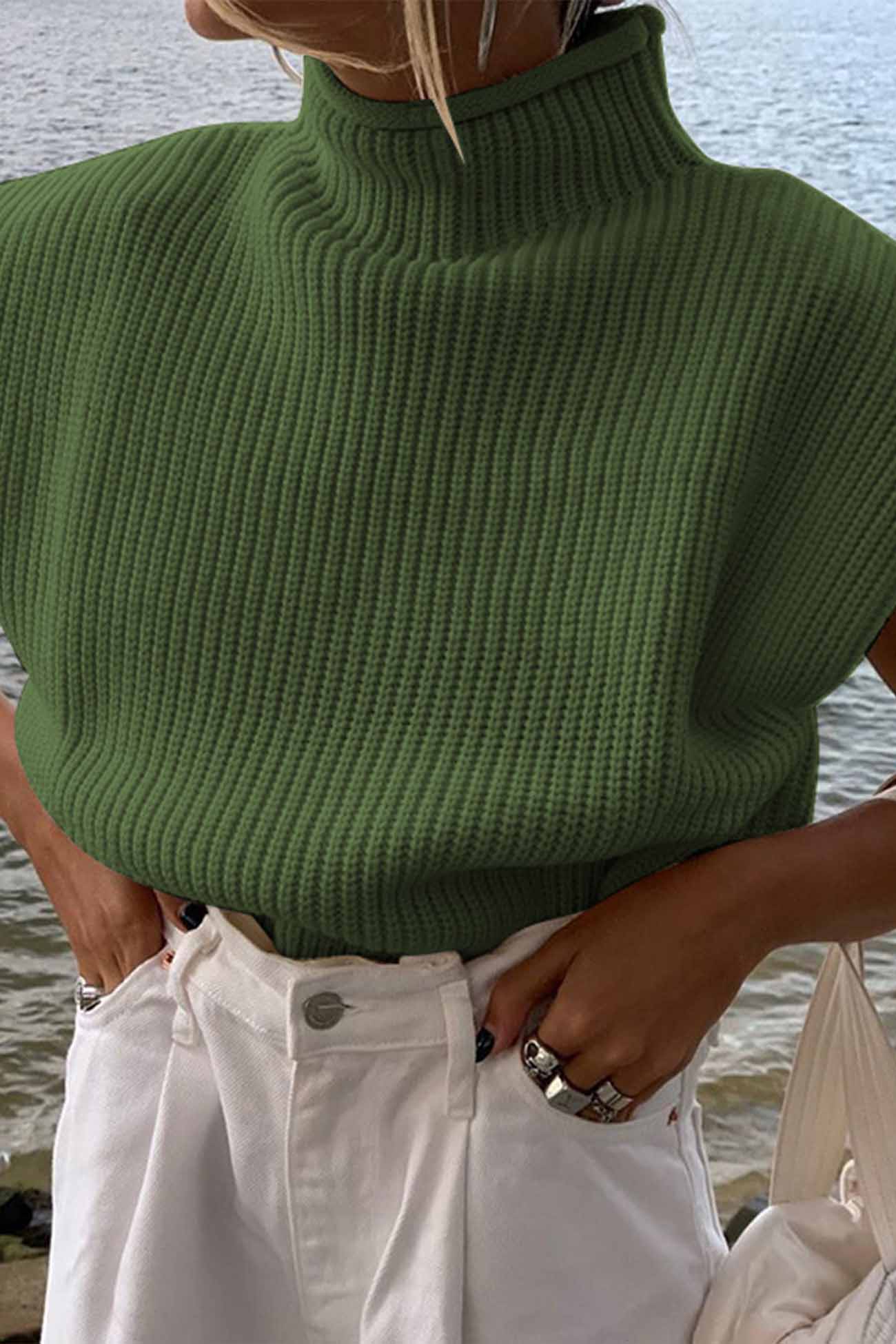 Cristina® | Solid Mock Neck Sleeveless Sweater