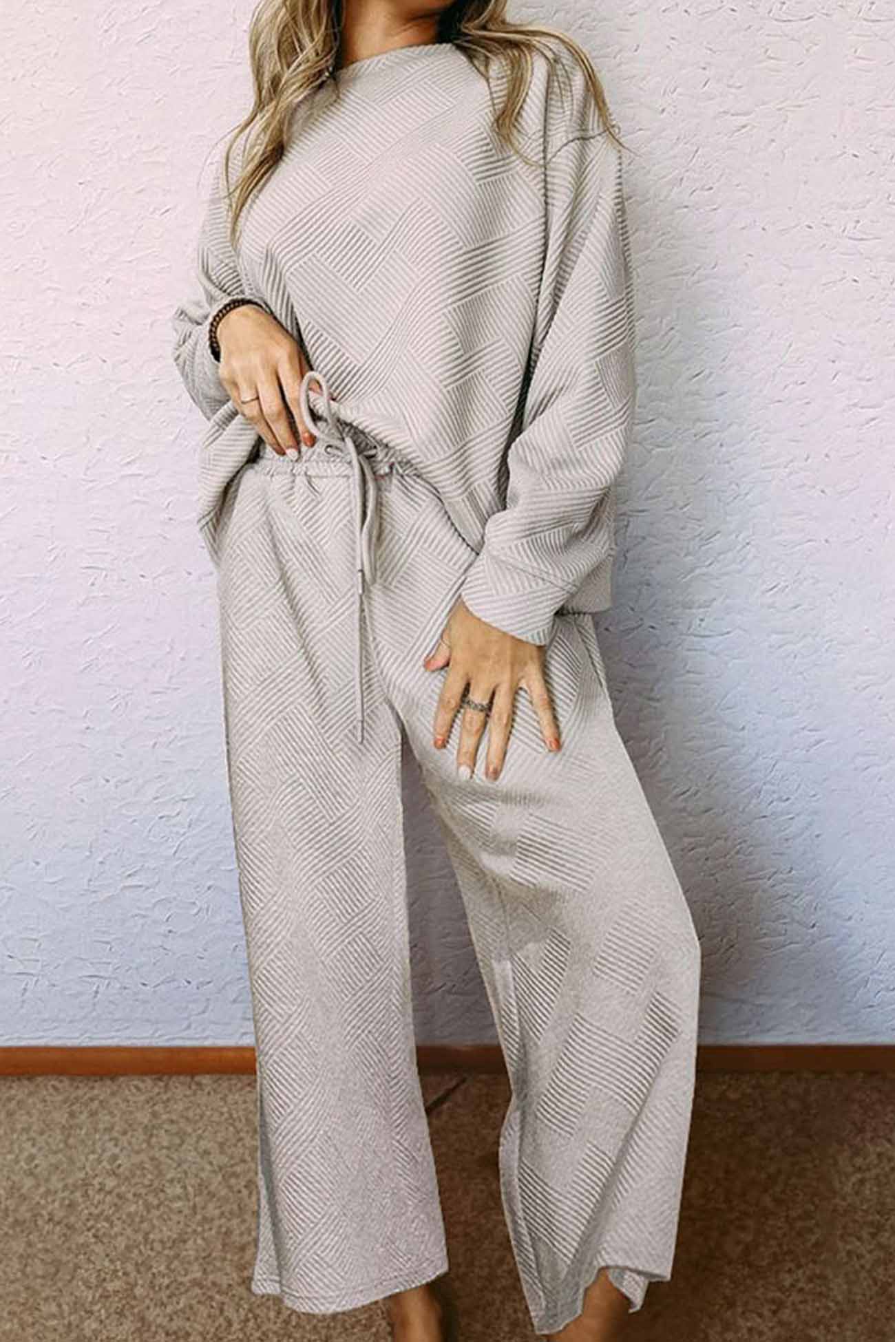 Anneliese® | Solid color textured long sleeve long pants set