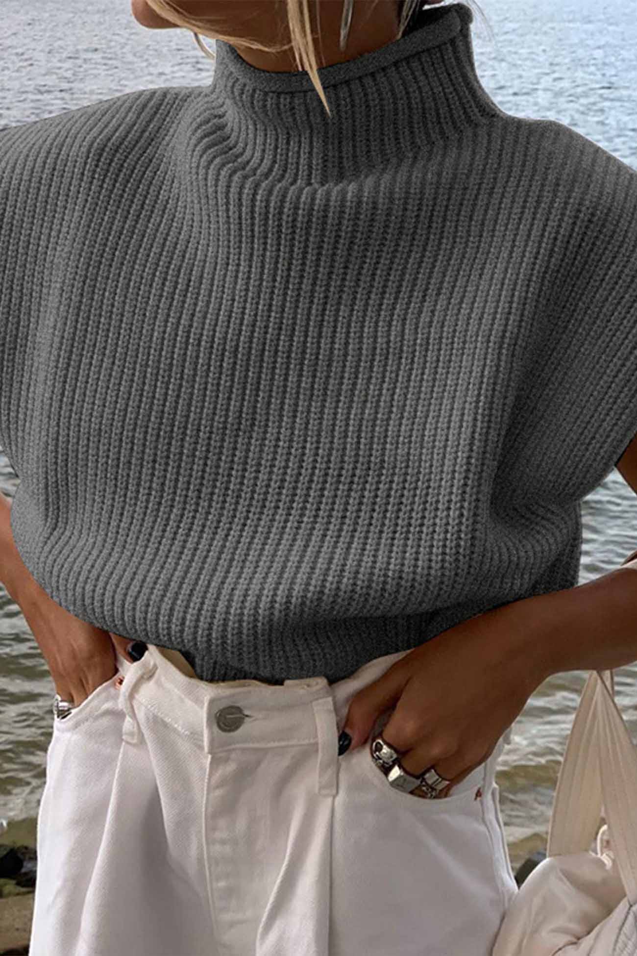 Cristina® | Solid Mock Neck Sleeveless Sweater